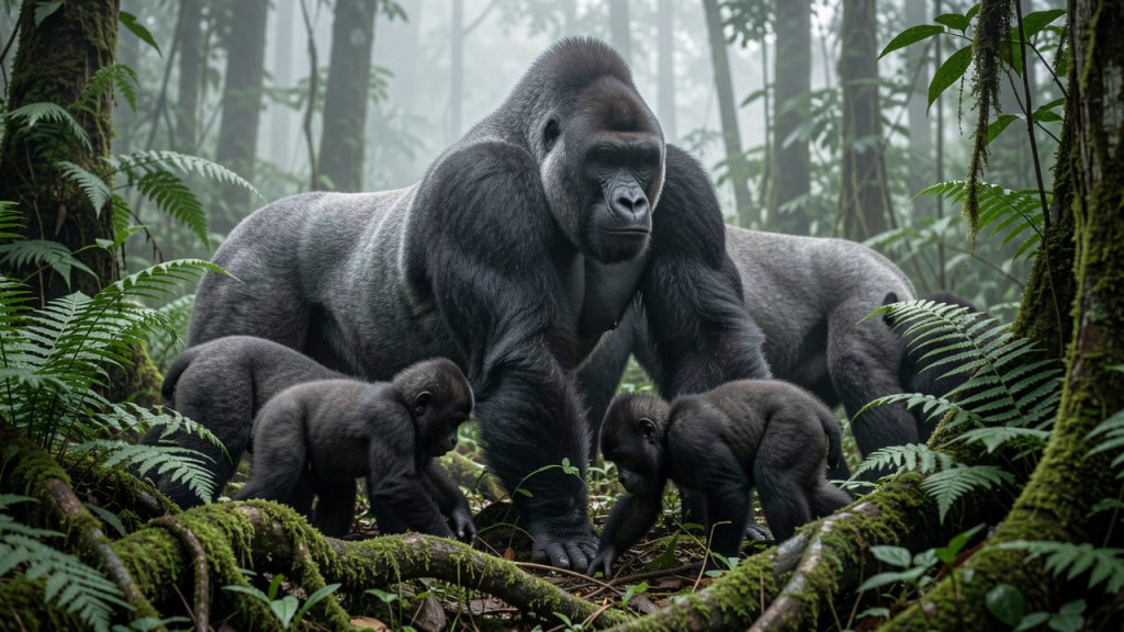 Une famille de gorilles de montagne évolue dans une forêt brumeuse d’Afrique centrale, avec un dos argenté entouré de femelles et de jeunes parmi les fougères.