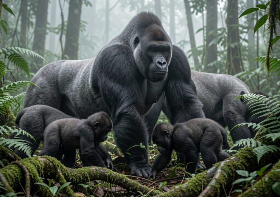 Une famille de gorilles de montagne évolue dans une forêt brumeuse d’Afrique centrale, avec un dos argenté entouré de femelles et de jeunes parmi les fougères.