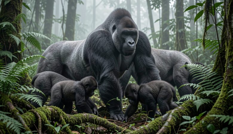 Une famille de gorilles de montagne évolue dans une forêt brumeuse d’Afrique centrale, avec un dos argenté entouré de femelles et de jeunes parmi les fougères.