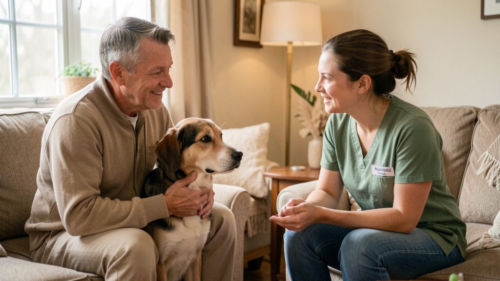 Un homme assis avec son chien dans un salon échange calmement avec une bénévole de la protection animale, dans une ambiance chaleureuse et bienveillante.