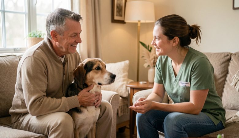Un homme assis avec son chien dans un salon échange calmement avec une bénévole de la protection animale, dans une ambiance chaleureuse et bienveillante.