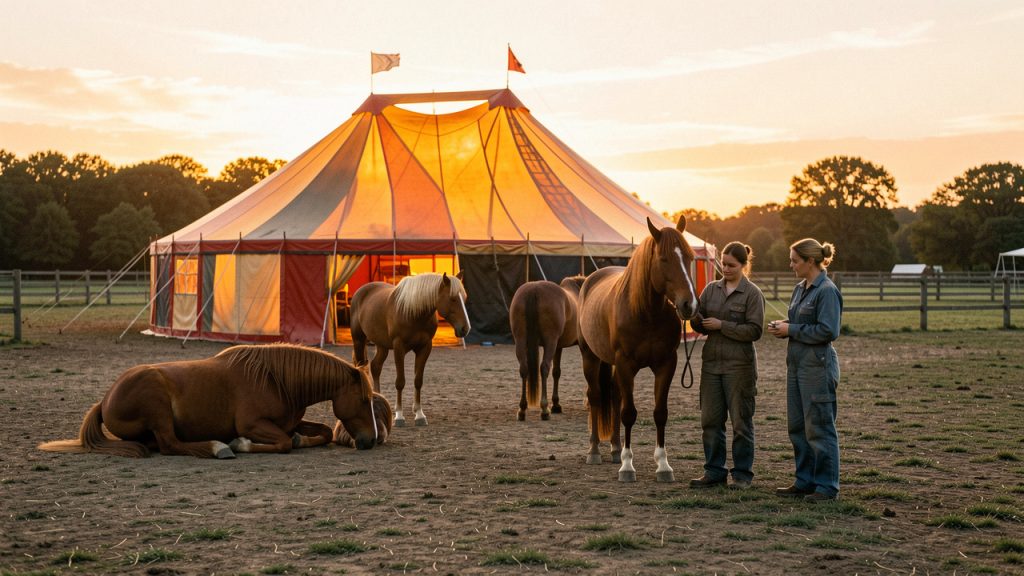 Chapiteau de cirque itinérant au coucher du soleil, avec des chevaux au repos dans un vaste enclos et deux soigneuses présentes.