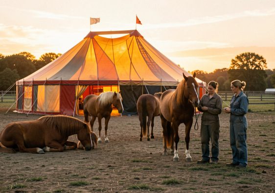 Chapiteau de cirque itinérant au coucher du soleil, avec des chevaux au repos dans un vaste enclos et deux soigneuses présentes.