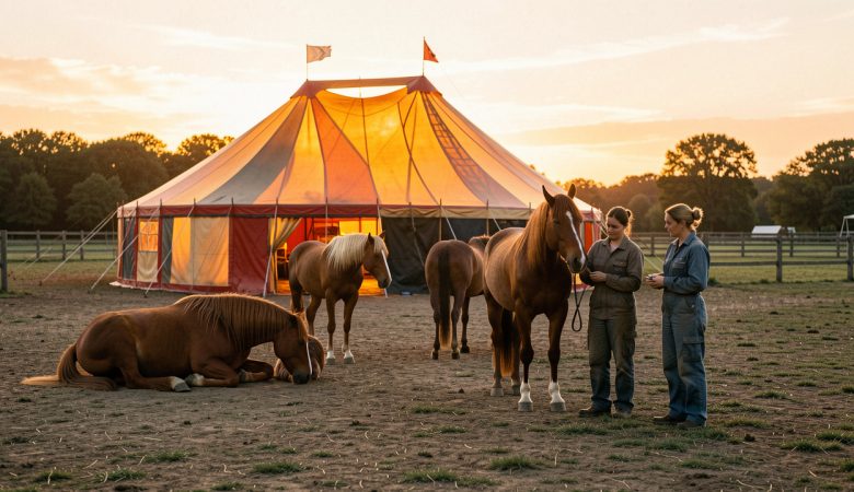 Chapiteau de cirque itinérant au coucher du soleil, avec des chevaux au repos dans un vaste enclos et deux soigneuses présentes.