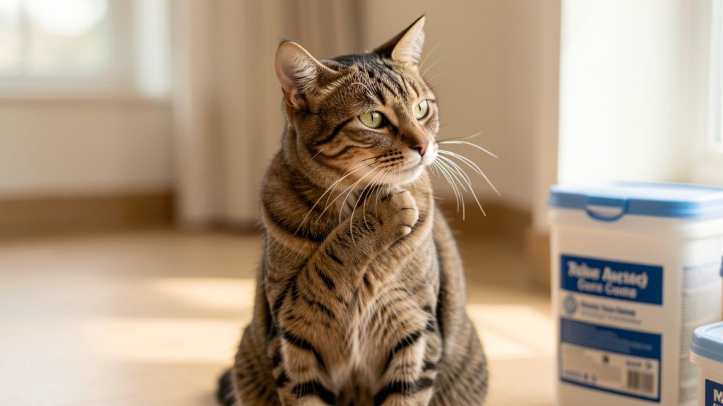 Chat domestique se grattant doucement le cou après un traitement contre les puces, avec du matériel de soin à proximité.