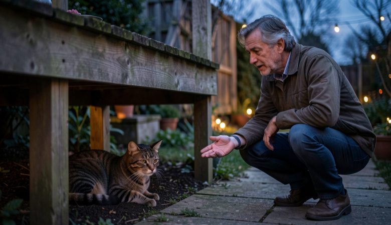 Un chat tigré caché sous une terrasse de jardin tandis qu’un homme accroupi l’appelle calmement au crépuscule.