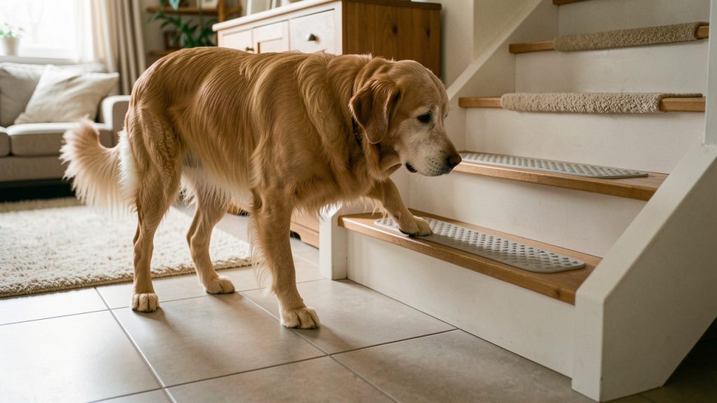 Chien âgé hésitant au début d’un escalier carrelé, dans une maison aménagée avec des tapis et des bandes antidérapantes pour améliorer sa sécurité.
