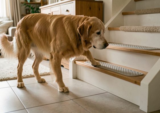 Chien âgé hésitant au début d’un escalier carrelé, dans une maison aménagée avec des tapis et des bandes antidérapantes pour améliorer sa sécurité.