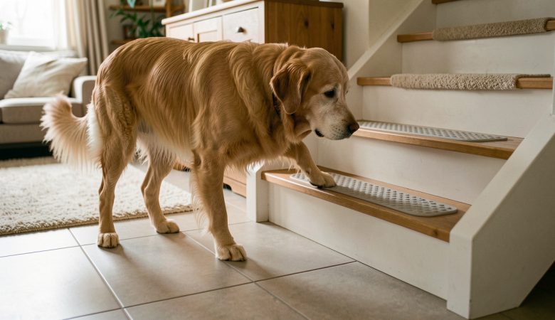 Chien âgé hésitant au début d’un escalier carrelé, dans une maison aménagée avec des tapis et des bandes antidérapantes pour améliorer sa sécurité.