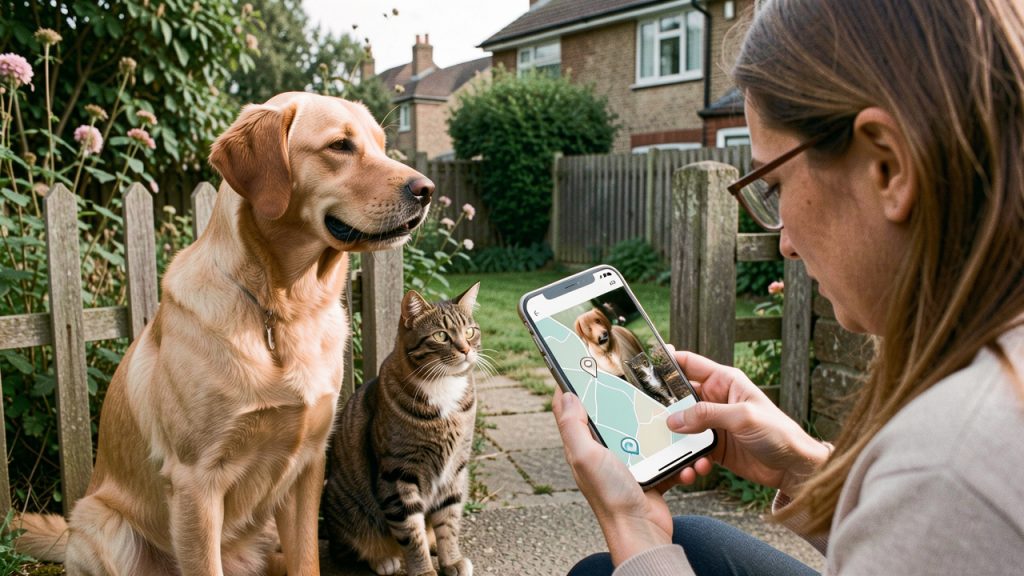 Un chien et un chat sont assis devant le portail d’une maison tandis qu’une propriétaire consulte son smartphone.