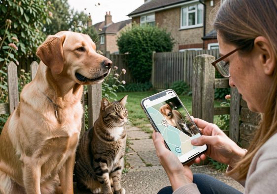Un chien et un chat sont assis devant le portail d’une maison tandis qu’une propriétaire consulte son smartphone.