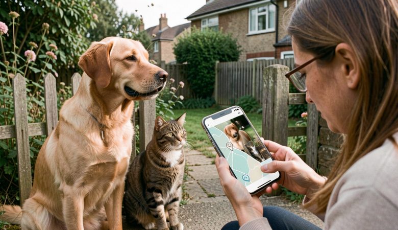 Un chien et un chat sont assis devant le portail d’une maison tandis qu’une propriétaire consulte son smartphone.
