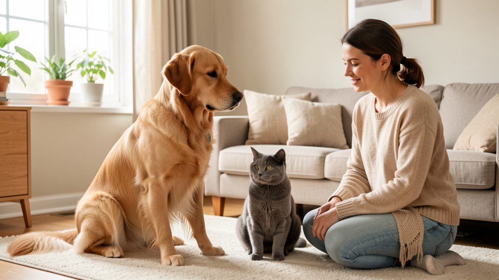 Un chien adulte et un chat domestique observés avec attention par leur propriétaire dans un salon calme et rassurant.