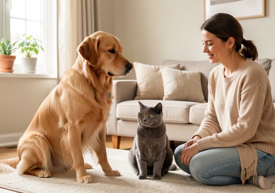 Un chien adulte et un chat domestique observés avec attention par leur propriétaire dans un salon calme et rassurant.
