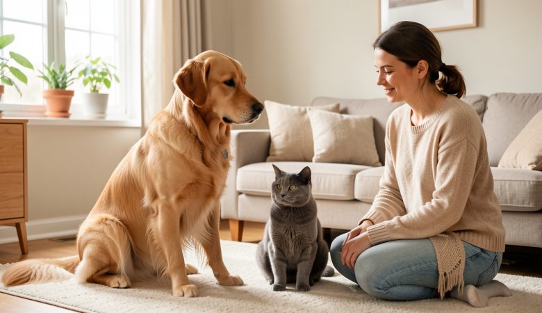 Un chien adulte et un chat domestique observés avec attention par leur propriétaire dans un salon calme et rassurant.