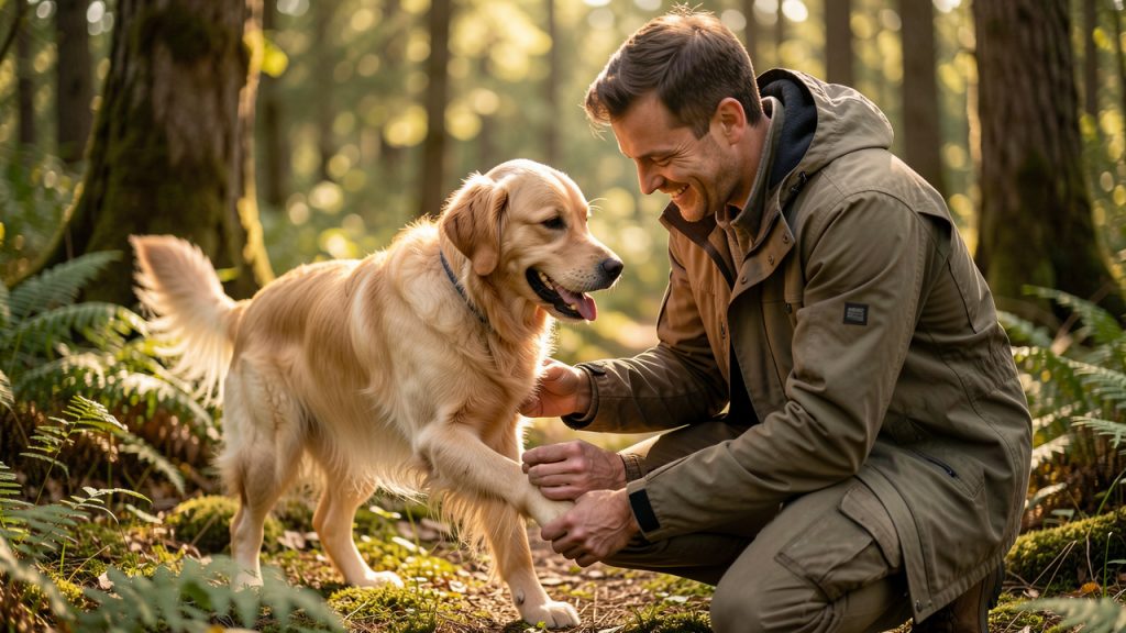 Un chien heureux est doucement examiné par son maître après une promenade en forêt, sous une lumière naturelle chaleureuse.