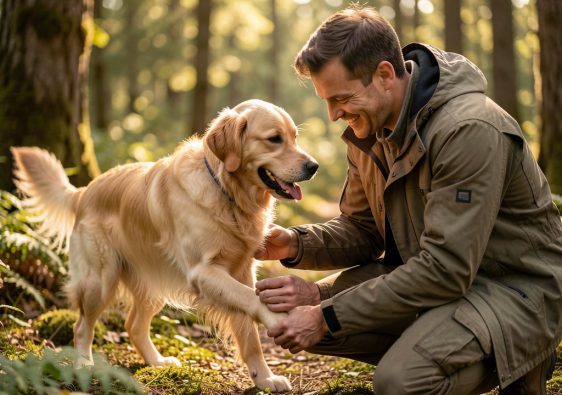 Un chien heureux est doucement examiné par son maître après une promenade en forêt, sous une lumière naturelle chaleureuse.
