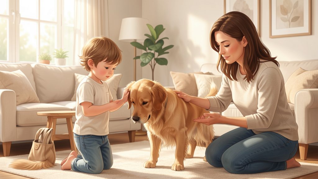 Un enfant observe calmement un chien qui détourne la tête dans un salon lumineux, tandis qu’une femme adulte est présente à proximité.