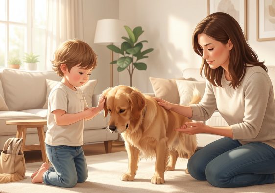 Un enfant observe calmement un chien qui détourne la tête dans un salon lumineux, tandis qu’une femme adulte est présente à proximité.