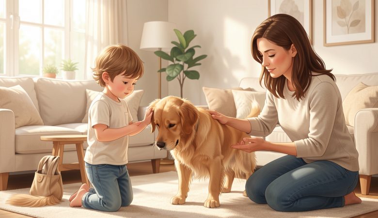 Un enfant observe calmement un chien qui détourne la tête dans un salon lumineux, tandis qu’une femme adulte est présente à proximité.