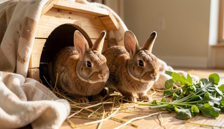 Deux lapins domestiques sortent prudemment d’une cachette en bois dans un intérieur calme et chaleureux.