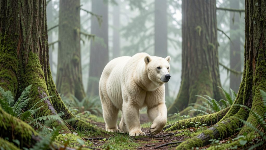 Ours Kermode au pelage blanc crème marchant dans une forêt pluviale tempérée de Colombie-Britannique, sous une lumière naturelle douce.