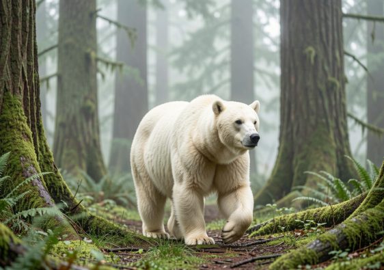 Ours Kermode au pelage blanc crème marchant dans une forêt pluviale tempérée de Colombie-Britannique, sous une lumière naturelle douce.