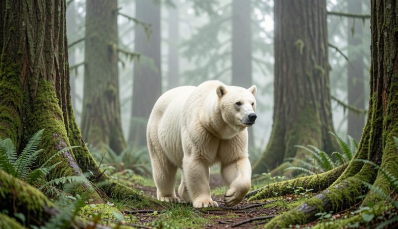 Ours Kermode au pelage blanc crème marchant dans une forêt pluviale tempérée de Colombie-Britannique, sous une lumière naturelle douce.