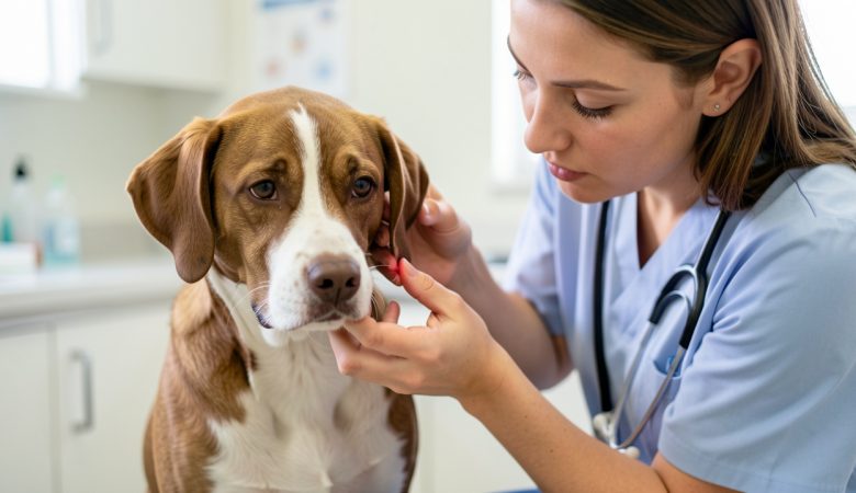 Une vétérinaire examine doucement la peau et les oreilles d’un chien après le retrait d’une tique.