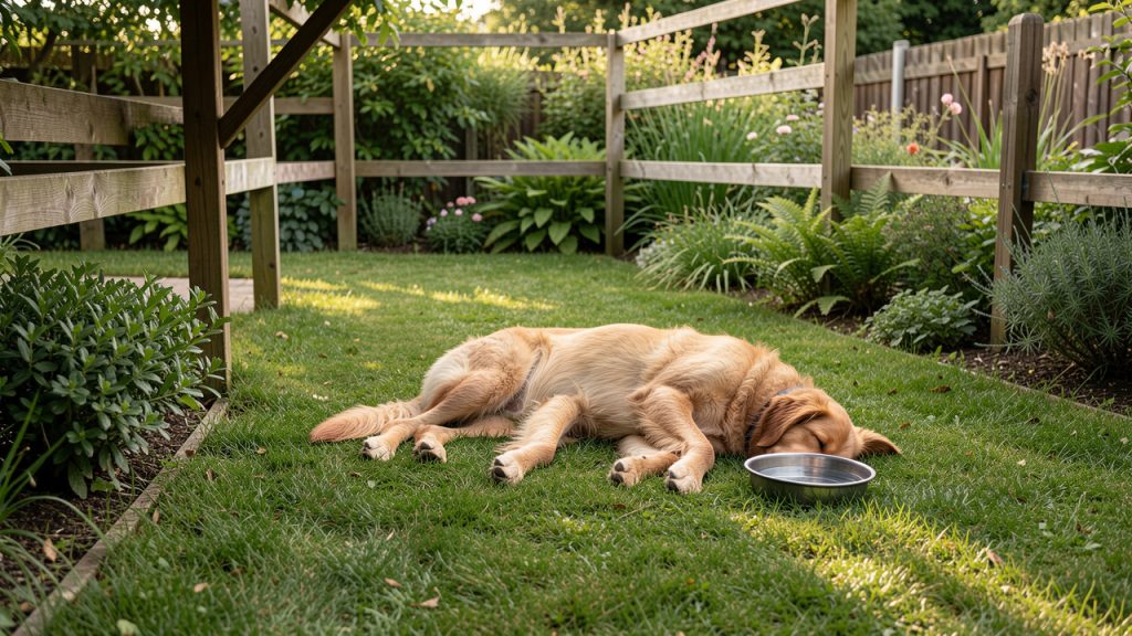 Chien détendu allongé sur une pelouse dans un jardin aménagé et ombragé, avec une clôture sécurisée et un point d’eau.