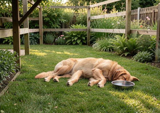 Chien détendu allongé sur une pelouse dans un jardin aménagé et ombragé, avec une clôture sécurisée et un point d’eau.