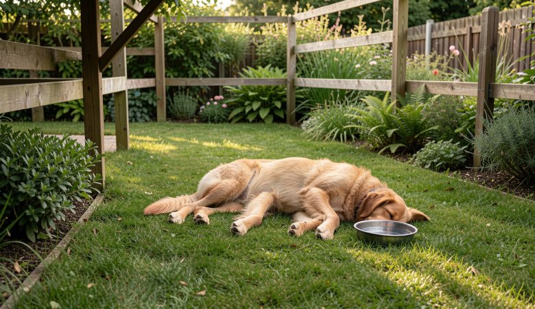 Chien détendu allongé sur une pelouse dans un jardin aménagé et ombragé, avec une clôture sécurisée et un point d’eau.