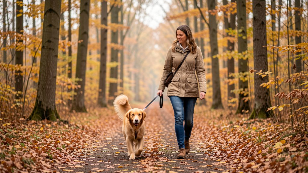 Un chien en laisse marche sur un sentier forestier couvert de feuilles d’automne aux côtés d’une femme attentive, dans une lumière douce.