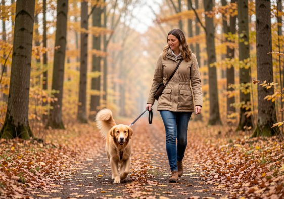 Un chien en laisse marche sur un sentier forestier couvert de feuilles d’automne aux côtés d’une femme attentive, dans une lumière douce.
