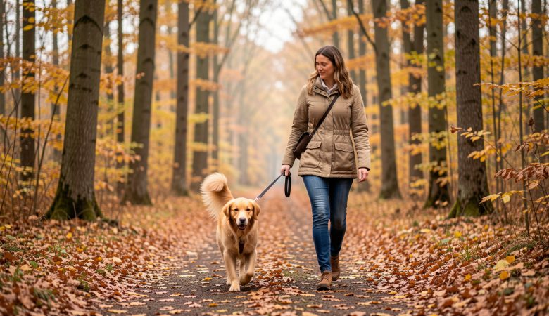 Un chien en laisse marche sur un sentier forestier couvert de feuilles d’automne aux côtés d’une femme attentive, dans une lumière douce.
