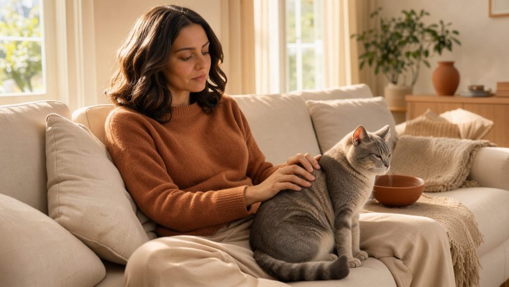 Une femme assise sur un canapé dans un appartement lumineux, caressant un chat calme et affectueux à ses côtés, dans une ambiance chaleureuse.
