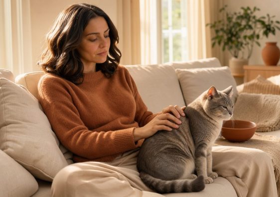 Une femme assise sur un canapé dans un appartement lumineux, caressant un chat calme et affectueux à ses côtés, dans une ambiance chaleureuse.