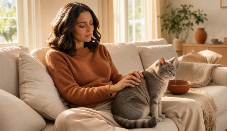 Une femme assise sur un canapé dans un appartement lumineux, caressant un chat calme et affectueux à ses côtés, dans une ambiance chaleureuse.