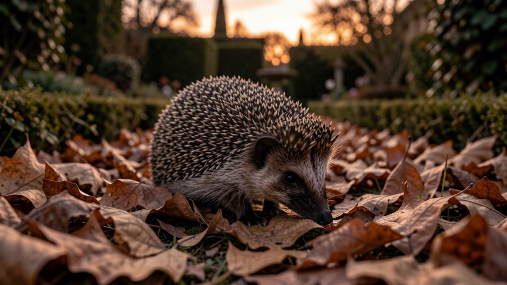 Hérisson sauvage avançant parmi des feuilles sèches dans un jardin français au crépuscule.