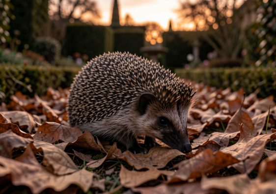 Hérisson sauvage avançant parmi des feuilles sèches dans un jardin français au crépuscule.