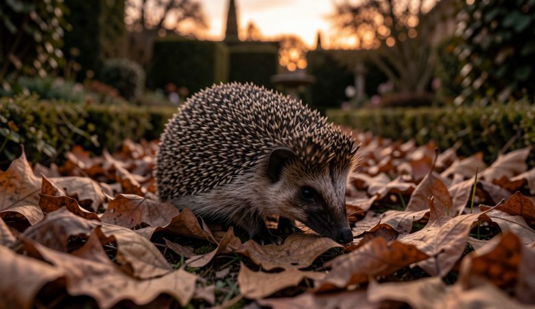 Hérisson sauvage avançant parmi des feuilles sèches dans un jardin français au crépuscule.