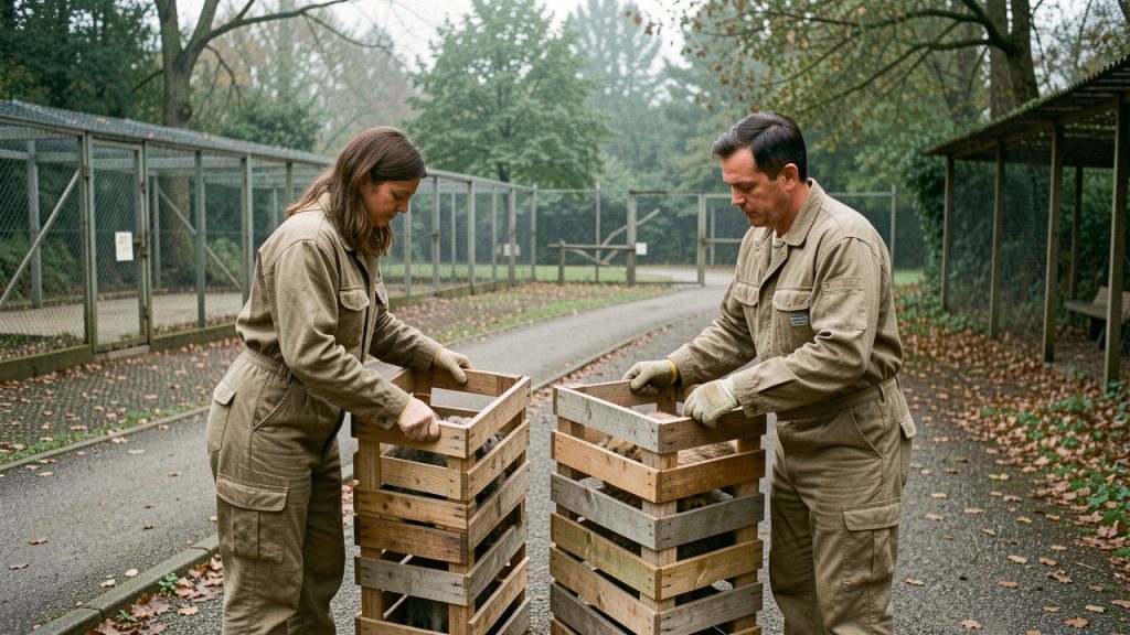 Parc zoologique fermé où trois soigneurs préparent calmement des caisses de transport sécurisées pour des animaux sauvages.