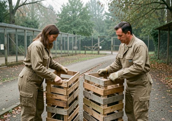 Parc zoologique fermé où trois soigneurs préparent calmement des caisses de transport sécurisées pour des animaux sauvages.