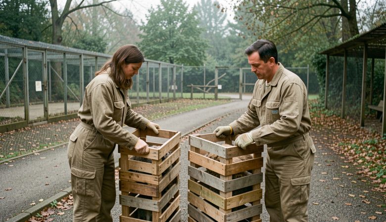 Parc zoologique fermé où trois soigneurs préparent calmement des caisses de transport sécurisées pour des animaux sauvages.
