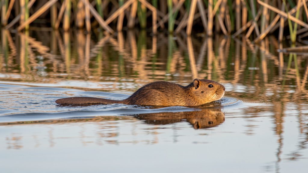 Rat musqué brun nageant dans un étang bordé de roseaux, avec sa queue aplatie bien visible dans la lumière douce de fin de journée.