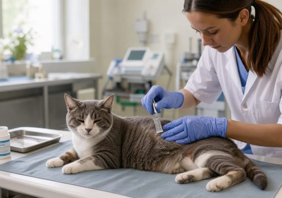 Un chat domestique calme examiné avec douceur par une vétérinaire dans une clinique propre, pour illustrer les bons gestes de traitement de la teigne.