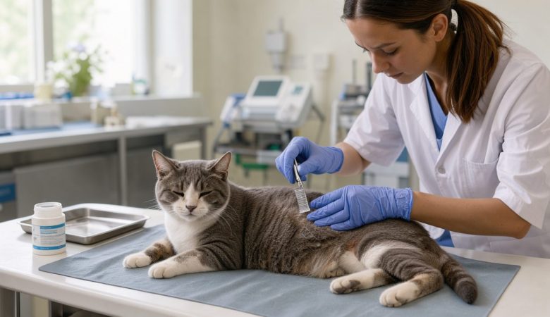 Un chat domestique calme examiné avec douceur par une vétérinaire dans une clinique propre, pour illustrer les bons gestes de traitement de la teigne.
